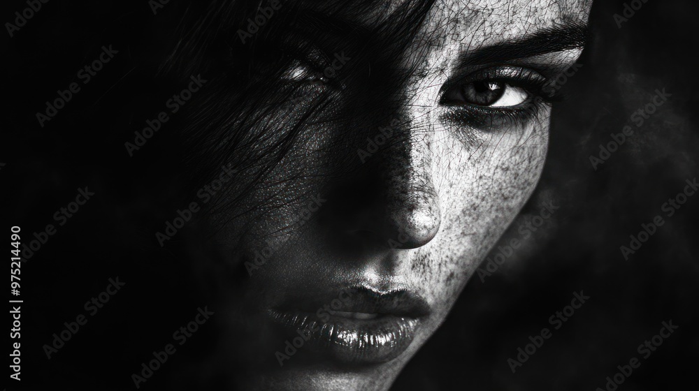 Poster a dramatic, high-contrast portrait with deep shadows obscuring parts of the face, creating a mysteri