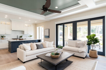 Fototapeta premium Modern American style living room with wood flooring and blue accents