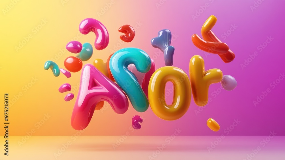 Poster a fun, playful typography design with oversized 3d bubble letters in bright colors, floating against