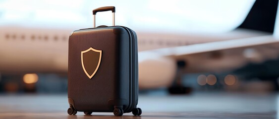 A sleek, black suitcase with a shield symbol, perfect for travel security and style at the airport.