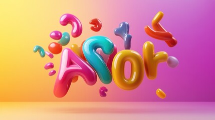 A fun, playful typography design with oversized 3D bubble letters in bright colors, floating against a simple, gradient background