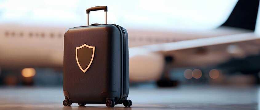 A sleek, black suitcase with a shield symbol, perfect for travel security and style at the airport.