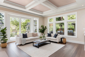 Modern American style living room with wood flooring and pink accents