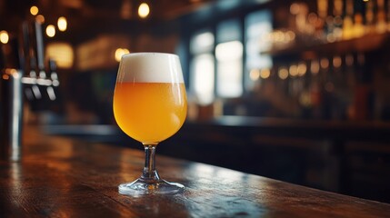 A glass of frothy craft beer on a wooden bar counter with a dim background