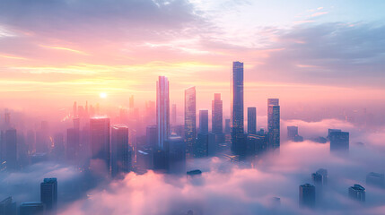 Fototapeta premium Illuminated Future City: Skyscrapers in Misty Clouds Symbolizing Business Growth and Innovation
