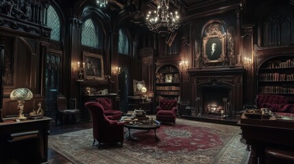 A gothic-inspired room with dark wood furniture, rich velvet fabrics in deep colors, and intricate, shadowy details throughout