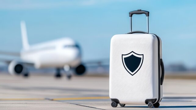 A stylish suitcase with a security symbol stands on the runway, emphasizing safe travel near an airplane in the background. - Powered by Adobe