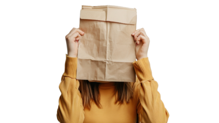 Woman with a paper bag over his head on transparent background