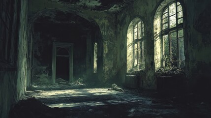 A haunting scene of an abandoned building with dark, decaying walls, broken windows, and deep shadows creating a sense of foreboding