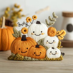 Cheerful Stitched Pumpkin Family - Halloween Home Decor with Whimsical Embroidery