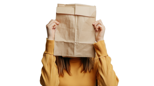 Woman with a paper bag over his head on transparent background