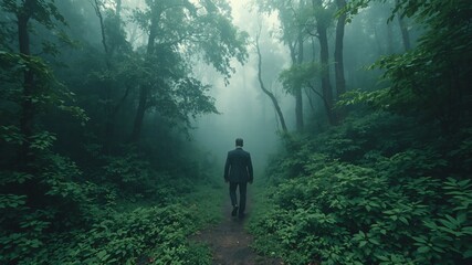 man with suit at misty morning in the forest