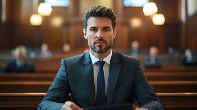 A lawyer attending a virtual court hearing, dressed formally and speaking into the camera