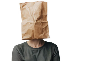 Woman with a paper bag over his head on transparent background