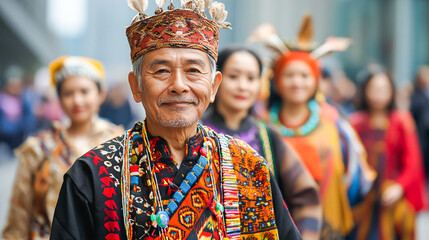 Fototapeta premium Diversity Unites: Fusion of Cultures - People in Traditional Attire Blending Seamlessly into Urban Life