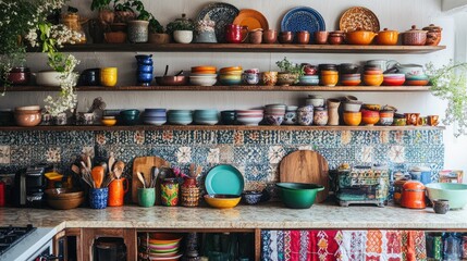 A maximalist kitchen with open shelving filled with colorful dishware, vibrant textiles, and a variety of decorative items covering every surface
