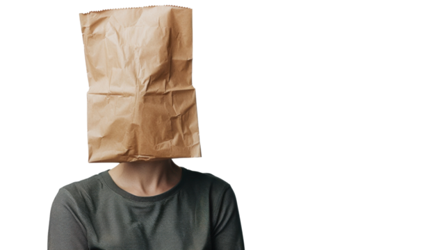 Woman with a paper bag over his head on transparent background