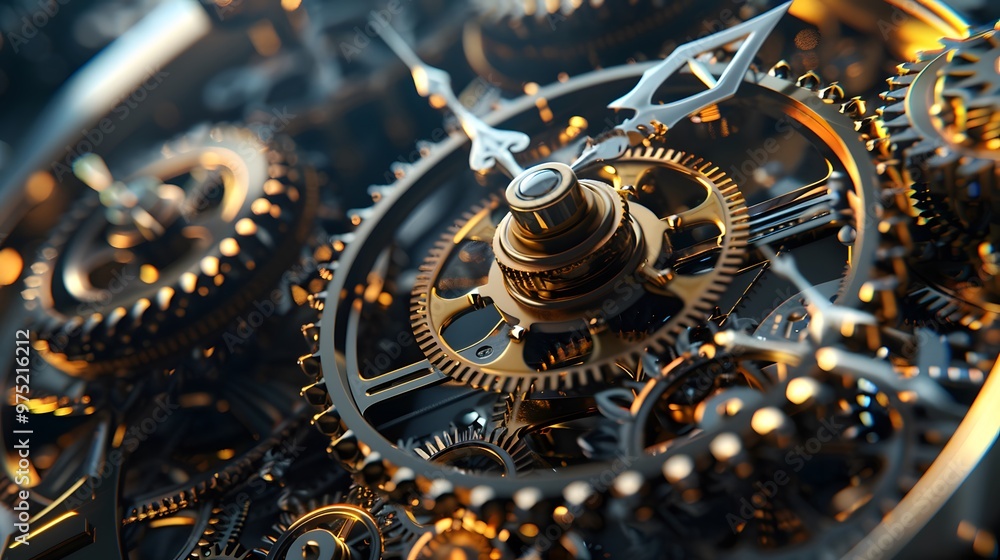 Poster high-tech mechanical clock showing complex internal components and rotating gears