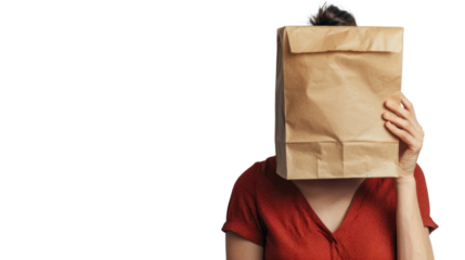Woman with a paper bag over his head on transparent background