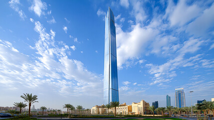 Obraz premium Harmony of Past and Future - Futuristic Skyscraper Blending with Traditional Buildings in Cityscape