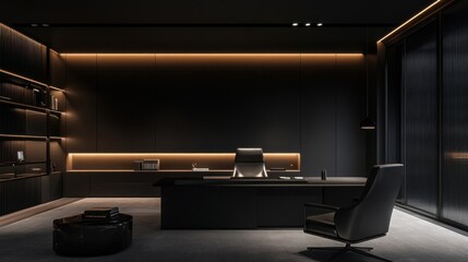 A minimalist, dark-themed office space with black walls, sleek furniture, and subtle, ambient lighting creating a moody atmosphere