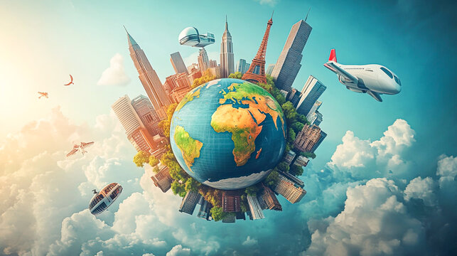 Future of Travel - Globe with Modern Transportation and Travel Essentials