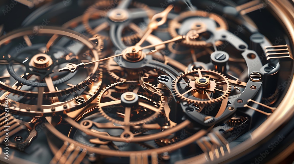 Poster a close up of a clock with many gears. the gears are all different sizes and are all connected to ea