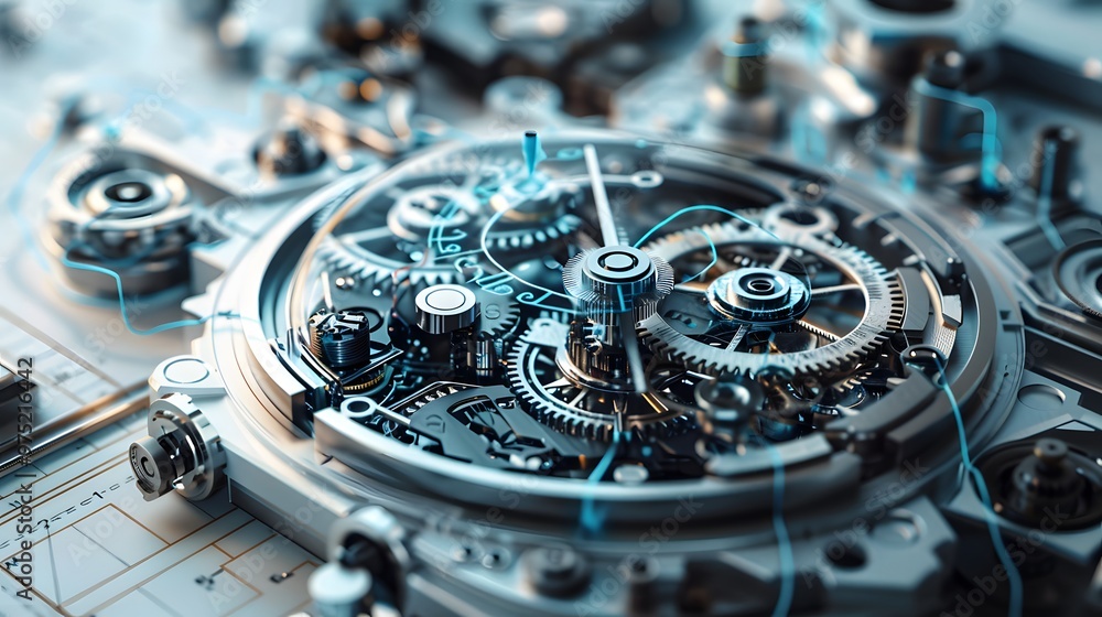 Poster a clock with many gears and a face with the hands at the clock is made of metal and has a vintage lo
