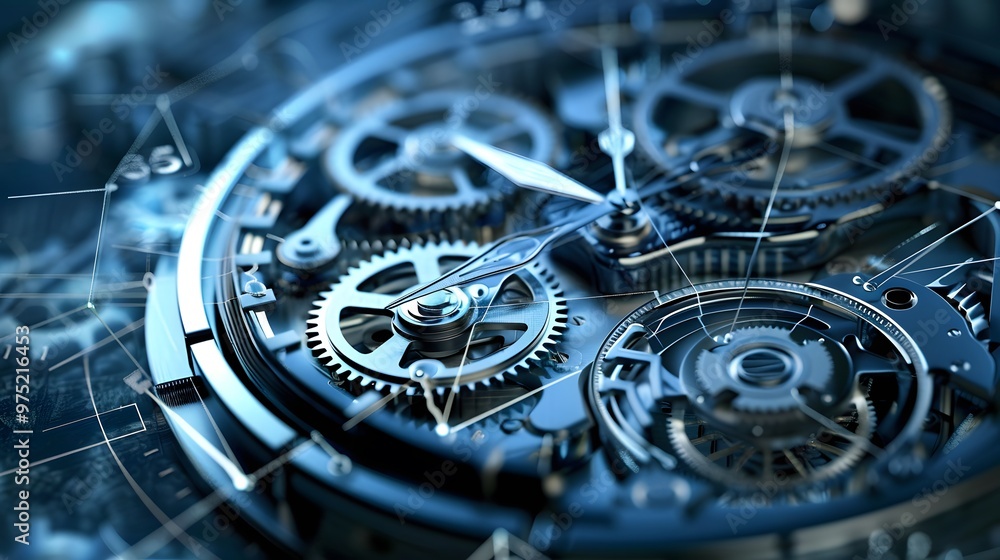Poster a clock with many gears and a face with the hands at the clock is made of metal and has a vintage lo