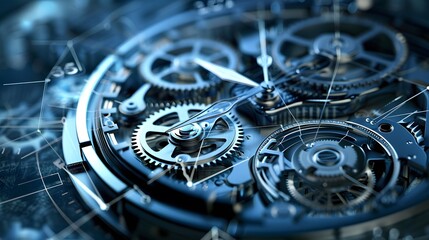 A clock with many gears and a face with the hands at The clock is made of metal and has a vintage look to it