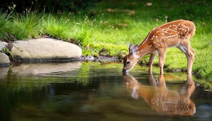 Fawn drinking from a pond