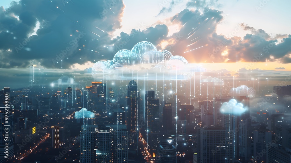 Poster a city skyline with a cloud symbol in the middle. the cloud symbol is surrounded by many other cloud