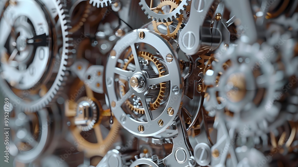 Poster a close up of a clock with many gears. the gears are all different sizes and are all connected to ea