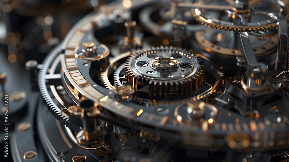 Poster a close up of a clock with many gears and numbers. the clock is made of metal and has a vintage look