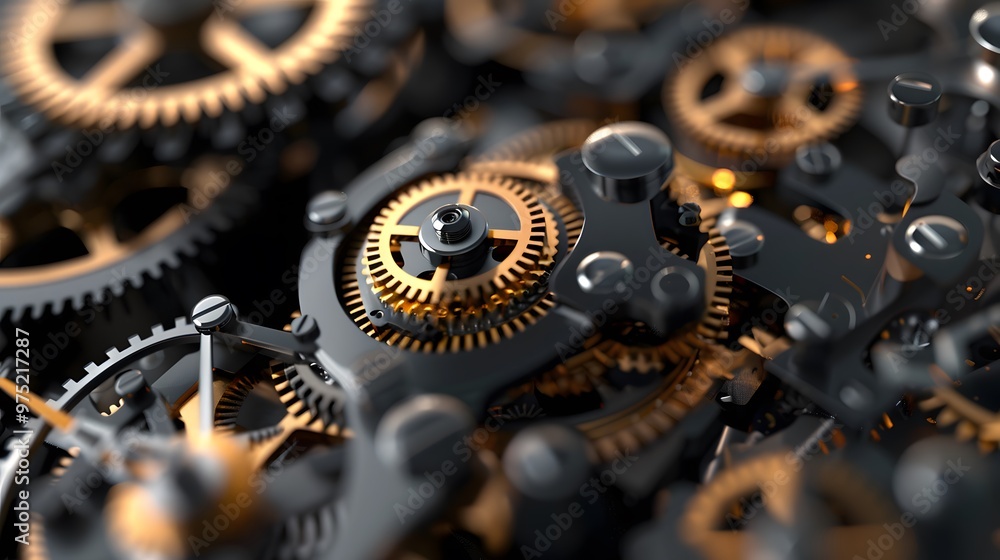 Poster a close up of a clock with many gears. the gears are gold and black. concept of precision and comple