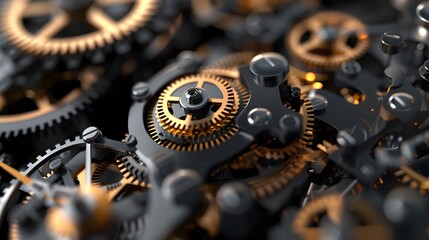 A close up of a clock with many gears. The gears are gold and black. Concept of precision and complexity