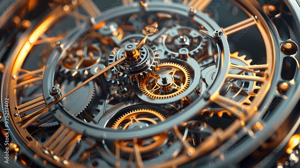 Poster a close up of a clock with many gears. the gears are gold and silver and the clock is not working