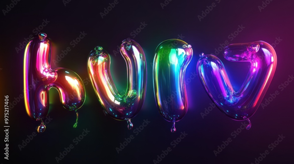 Poster a set of 3d bubble letters made of translucent material, reflecting light and creating subtle rainbo
