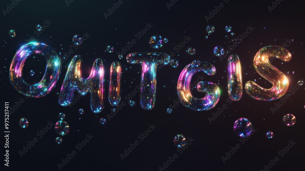 Poster a set of 3d bubble letters made of translucent material, reflecting light and creating subtle rainbo