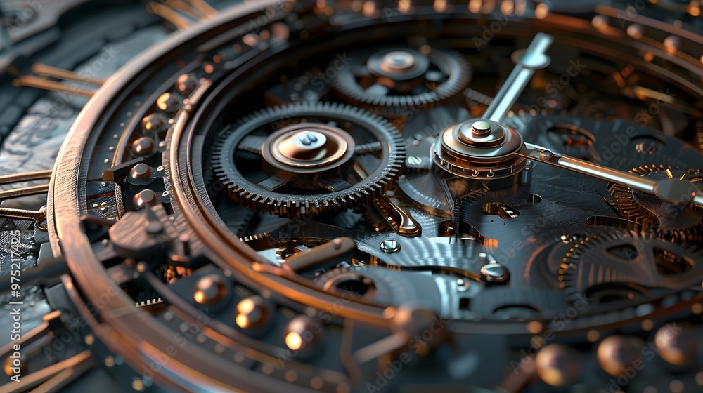Poster a close up of a clock with many gears. the gears are gold and silver and the clock is not working
