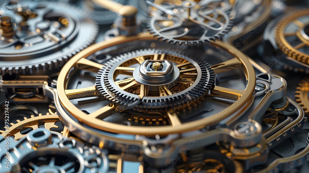 Poster a close up of a clock with many gears. the gears are gold and silver and the clock is not working