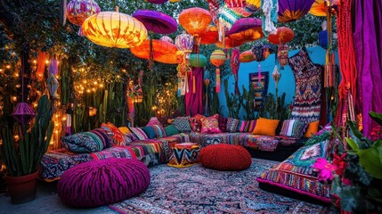A vibrant festival scene with colorful decorations, a mix of patterned textiles, and an abundance of eclectic elements creating a lively, maximalist atmosphere