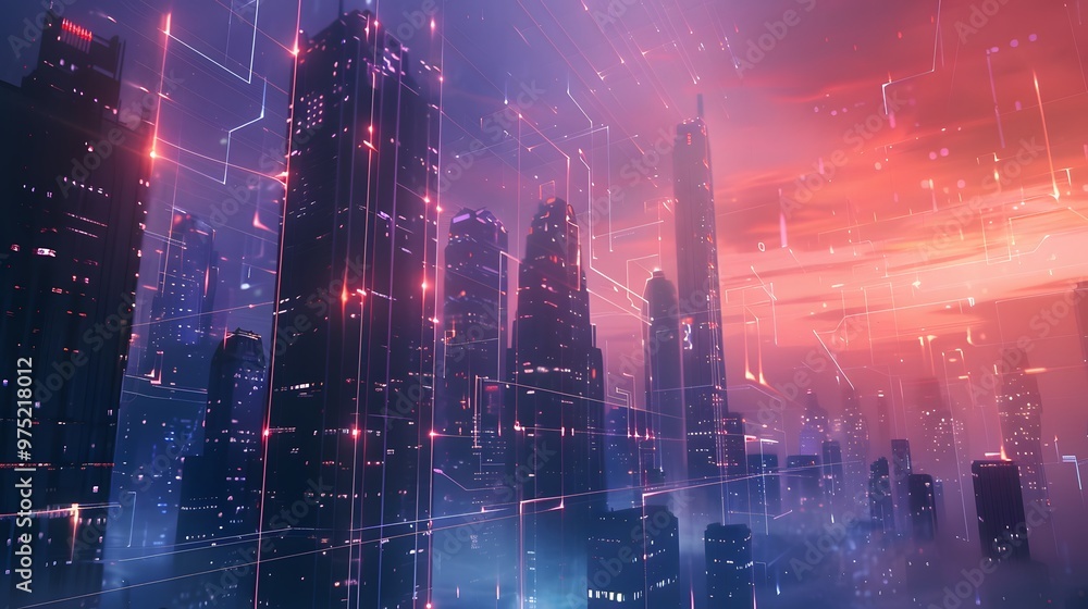 Poster futuristic cityscape featuring skyscrapers with visible data streams connecting them