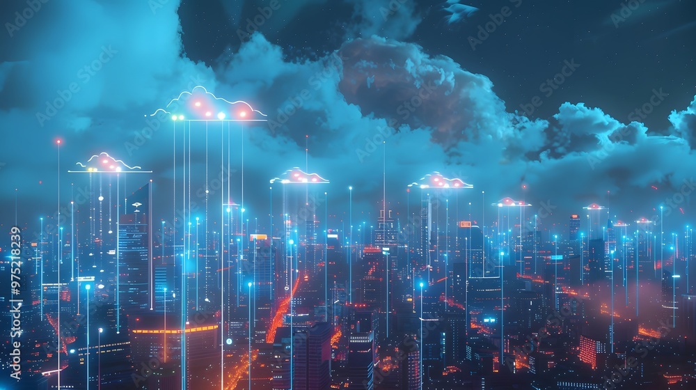 Poster high-tech cityscape with skyscrapers joined by luminous cloud-based data threads