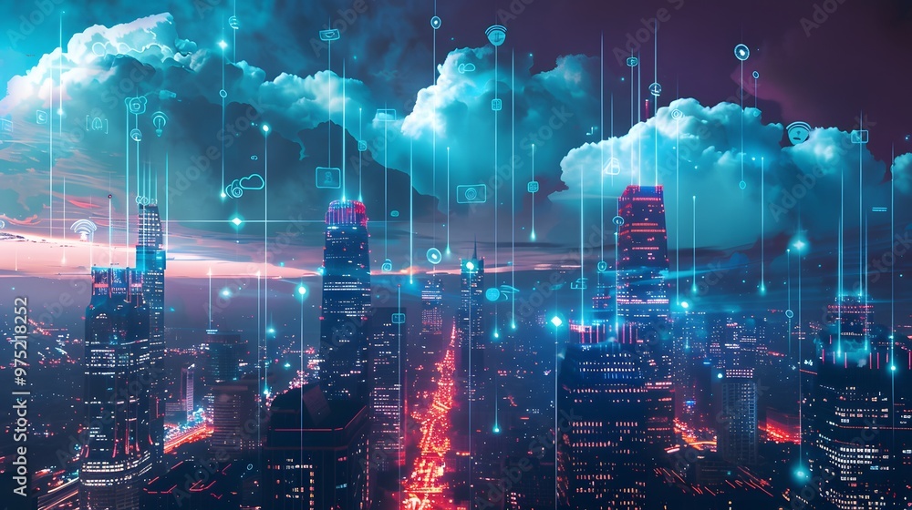 Poster high-tech cityscape with skyscrapers joined by luminous cloud-based data threads