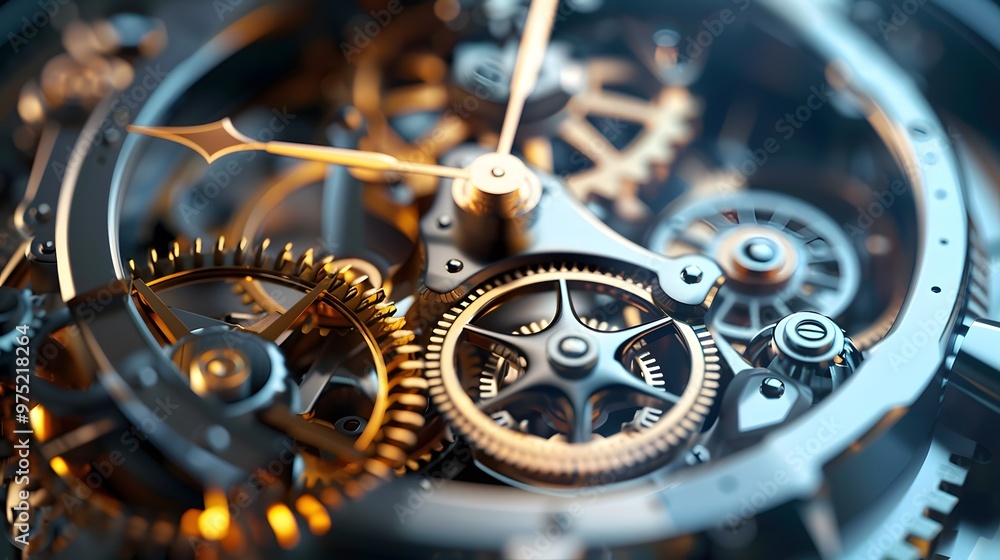 Poster a close up of a clock with many gears and a white face. the clock is old and has a vintage look to i