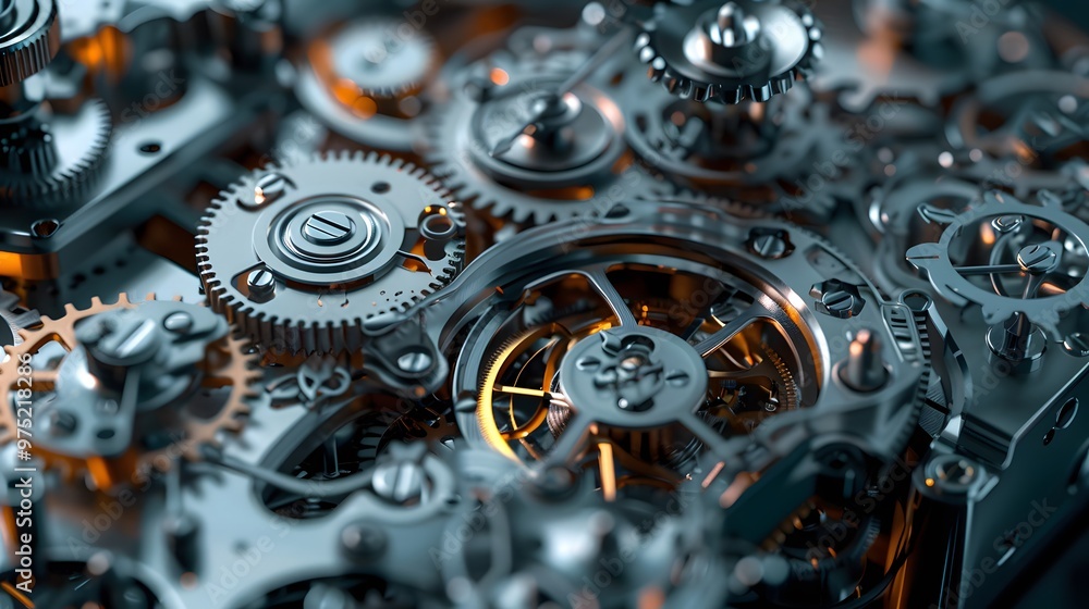 Poster high-tech mechanical clock showing complex internal components and rotating gears