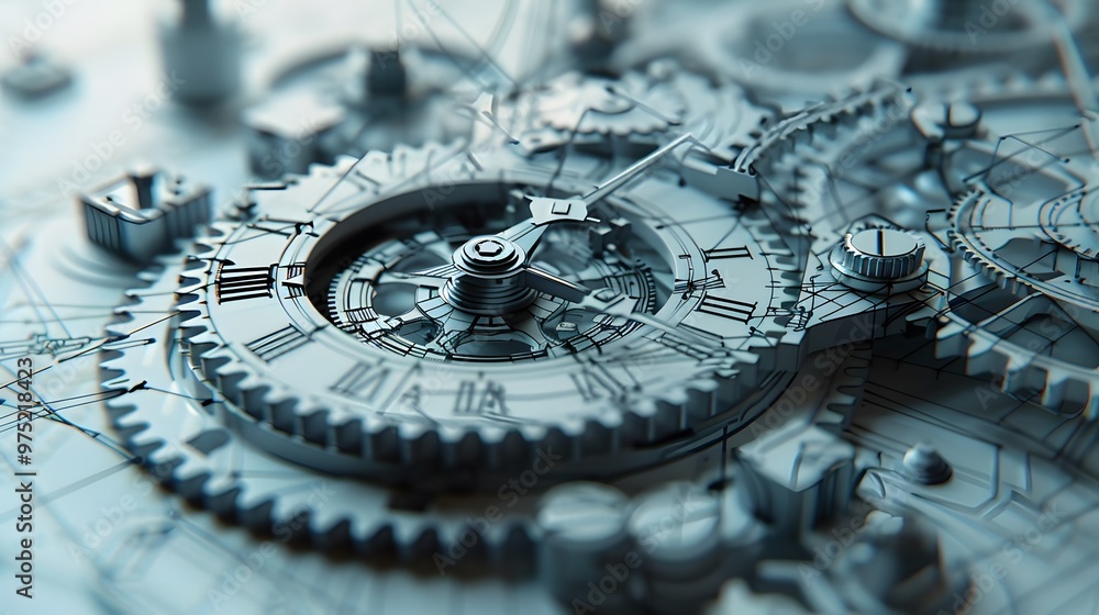 Poster in-depth blueprint of an advanced clock mechanism with a focus on its complex gear interactions