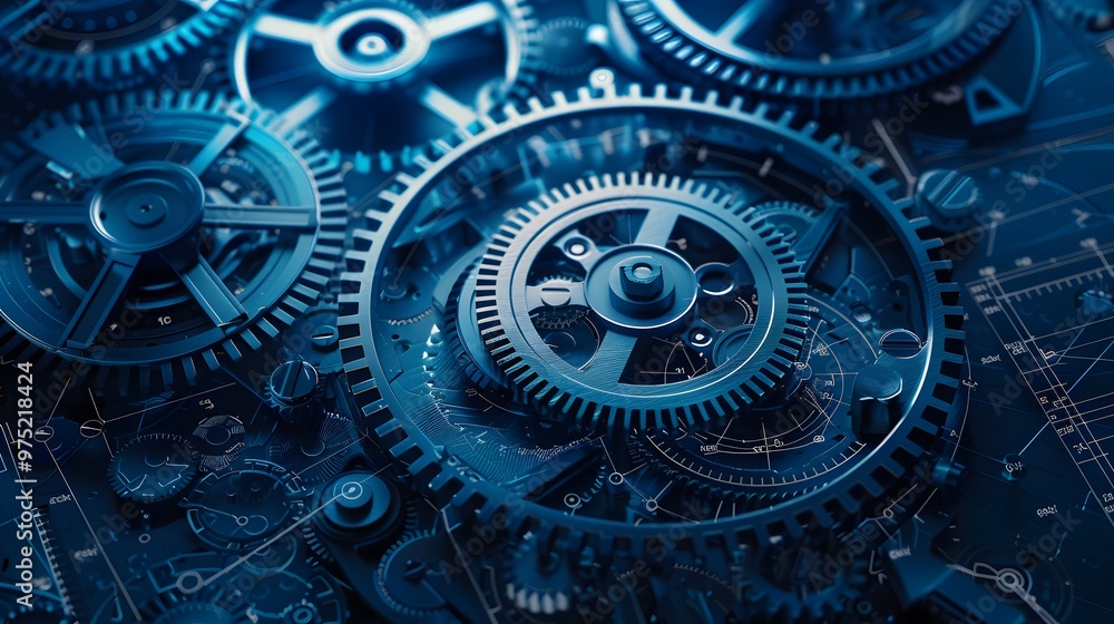 Poster in-depth blueprint of an advanced clock mechanism with a focus on its complex gear interactions