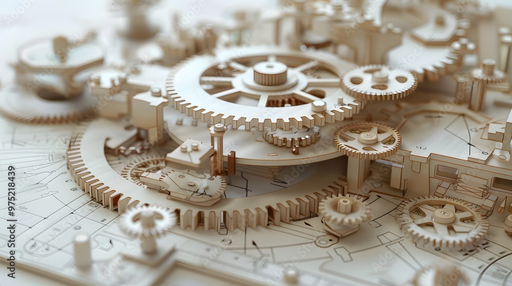 Poster in-depth blueprint of an advanced clock mechanism with a focus on its complex gear interactions